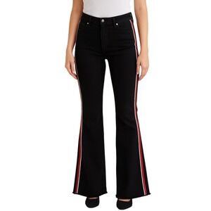 Revice‎ Made in LA Stripe Flare Jeans 30 Black Red White Raw Hem Moto Racer Luxe
